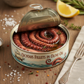 generate a image of Skin-on Fillets Octopus in a tin